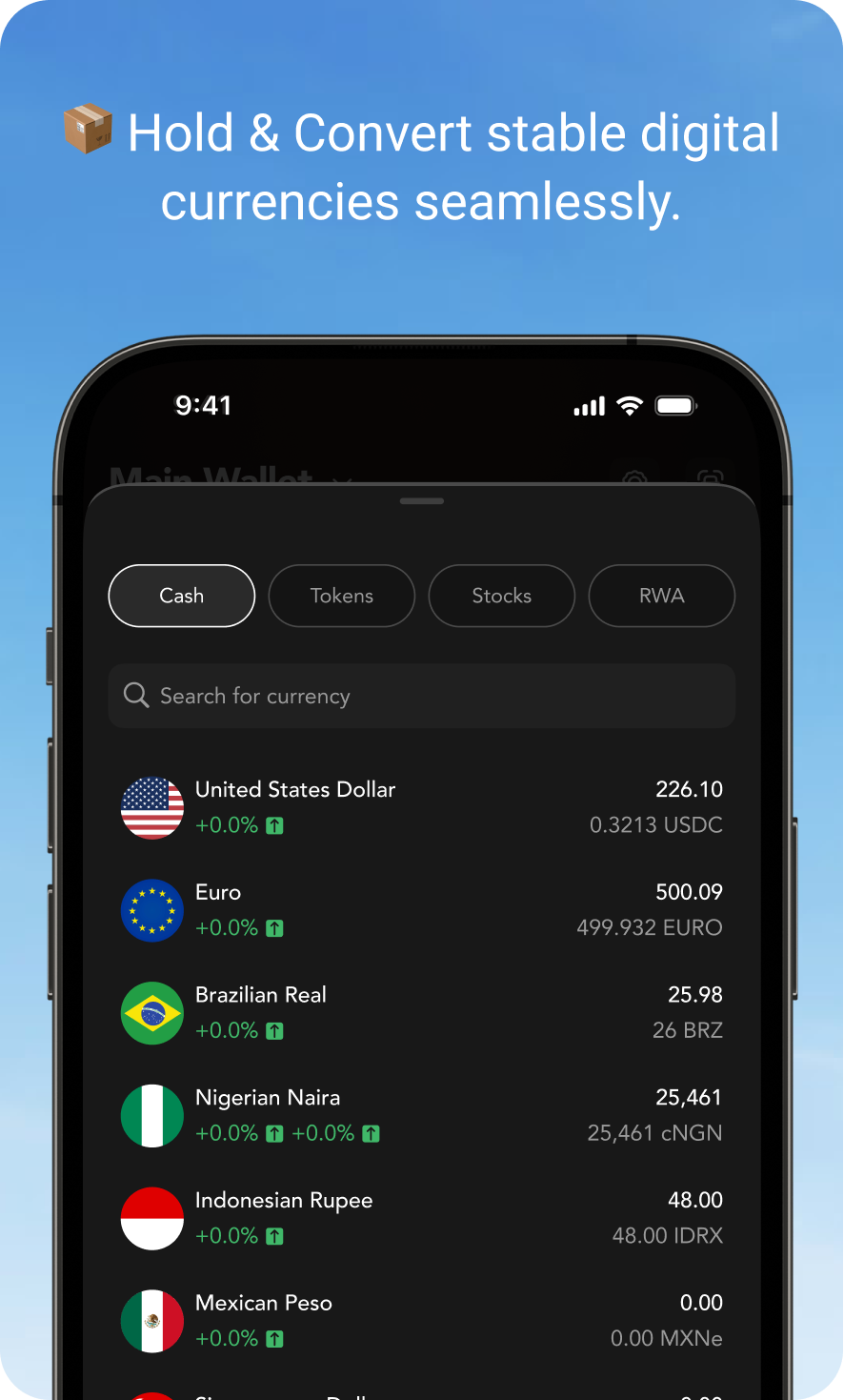 Hold & Convert stable digital currencies seamlessly